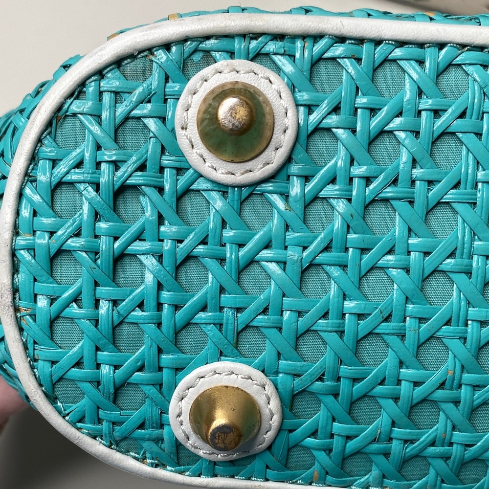 Inge Trapezoid Shoulder Bag Satchel in Turquoise Cane, White Trim, Linen Lining - Picture 11 of 15